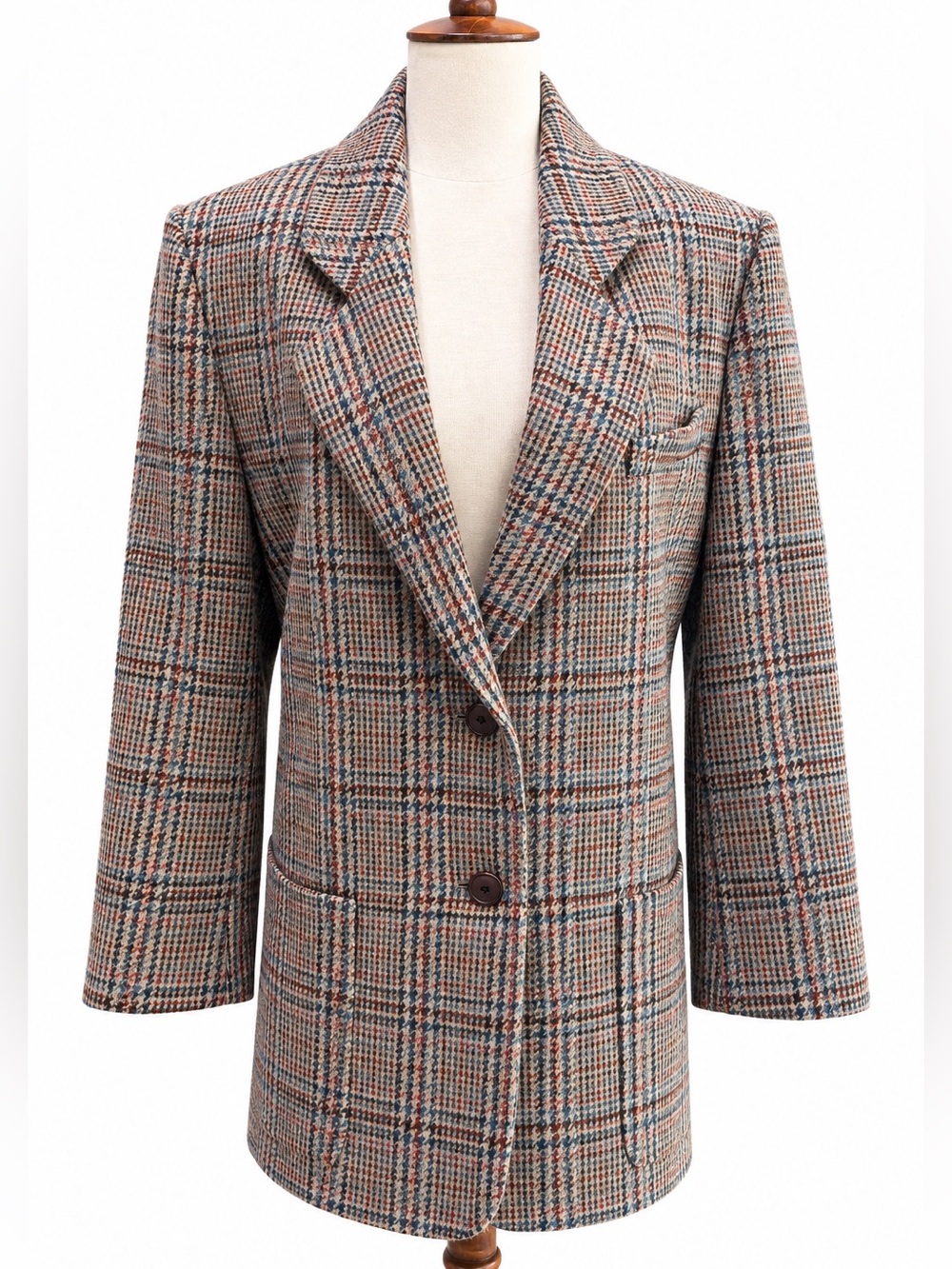 Ramsay of Dublin Plaid Longline Blazer Jacket - Taupe/Brown Check 6 Irish Wool